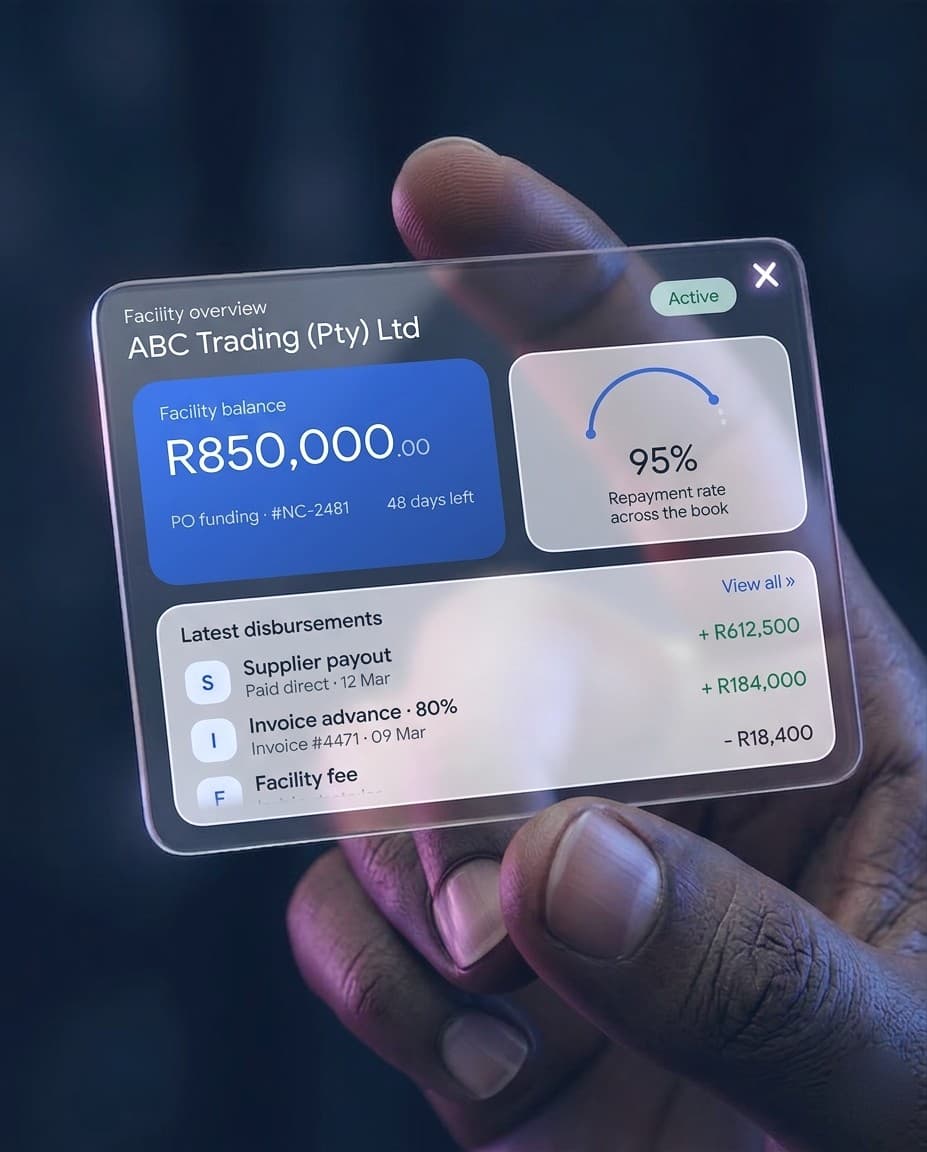 A Nsoma Capital facility overview for ABC Trading (Pty) Ltd: an active R850,000 purchase-order facility with 48 days left, a 95% repayment rate, and recent disbursements including a supplier payout and an 80% invoice advance.